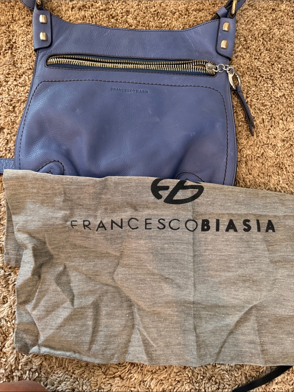 Francesco Biasia Periwinkle Leather Messenger with Gold Studs